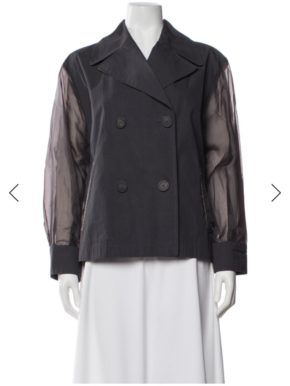 Peserico Double-Breasted Black Jacket with Sheer Sleeves & Monili accents.